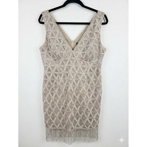R&M Richards Metallic Lace Fringe Cocktail Dress Size 16 V-Neck Champagne